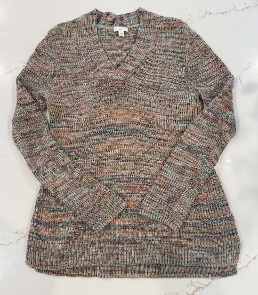 J. Jill Multi-Color Space-Dyed V-Neck Marled Knit Sweater Size S